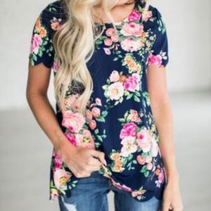 Navy Floral Scallop Top